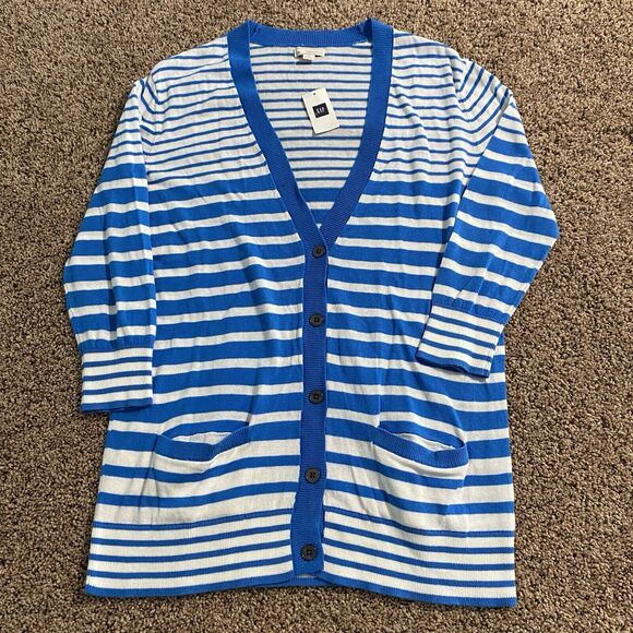 NWT Gap Stripped Cardigan Sweater Size XS Button Front Cotton Blue White - Picture 1 of 6